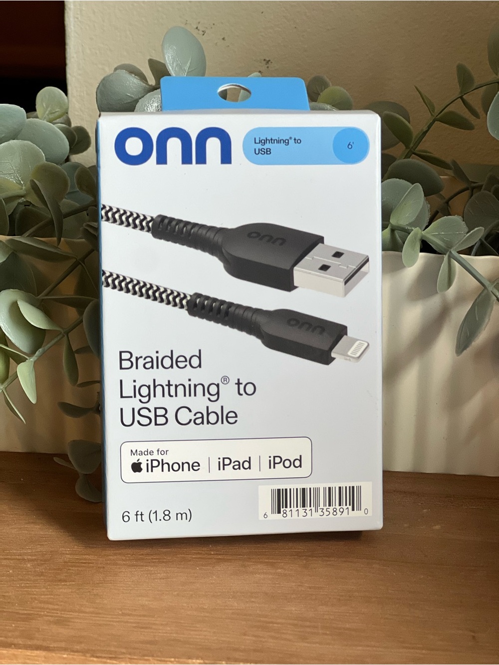 onn Braided Lightning to USB Cable - Black & White (6 ft)
